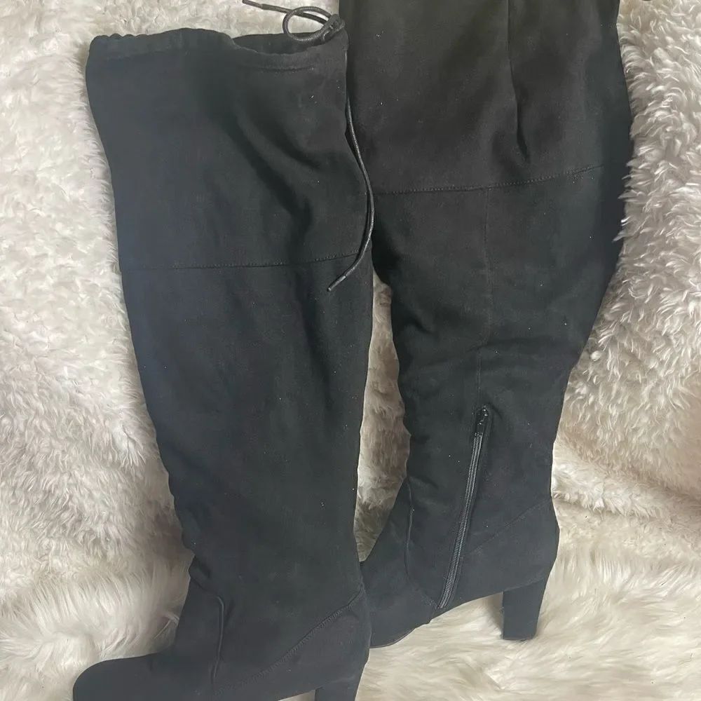 Ashley Stuart Fabric suede Black over the knee wide calf block heels boots SZ12W